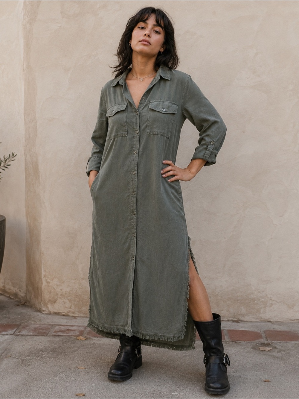 Velvet Heart Olive Tencel Maxi Shirt Dress XS Effortless Cool Boho 90s